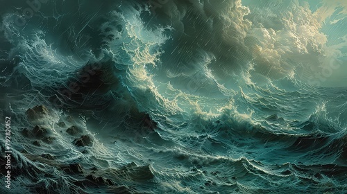 A stormy sea with waves crashing against rocky shores, mirroring the turbulence of emotions within the depths of the mind.