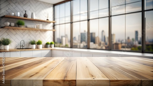 Wooden Table Top Urban Elegance: Blurry Modern Kitchen Background with City Skyline View for Product Display