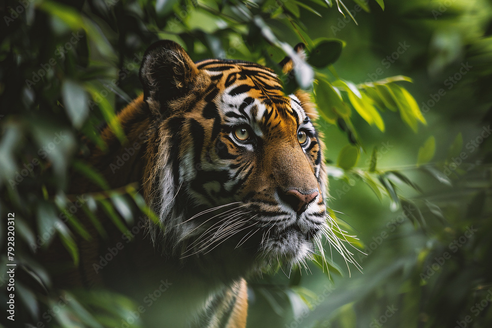 Fototapeta premium Close-up of a tiger looking at the camera in the jungle