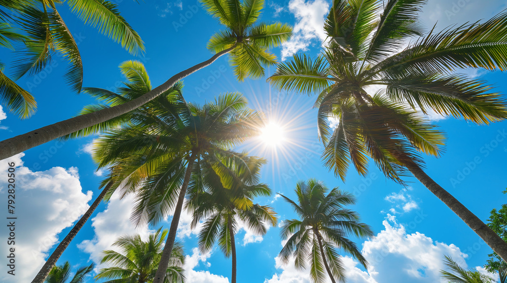 View from below the coconut plantation with a blue sky background.