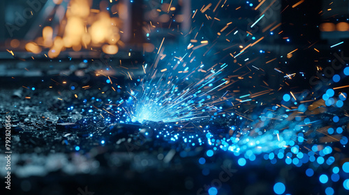Bright blue sparks fly over a canvas of industrial iron, the fiery birth of digital innovations in the forge of human intellect. #792820566