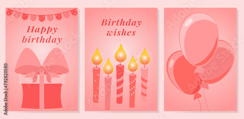 Set of birthday cards in pink monochrome shades of color, vector.