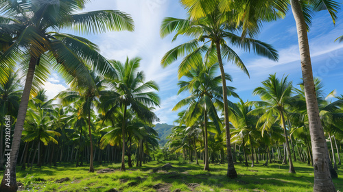 Landscape view of a coconut plantation with a blue sky background.