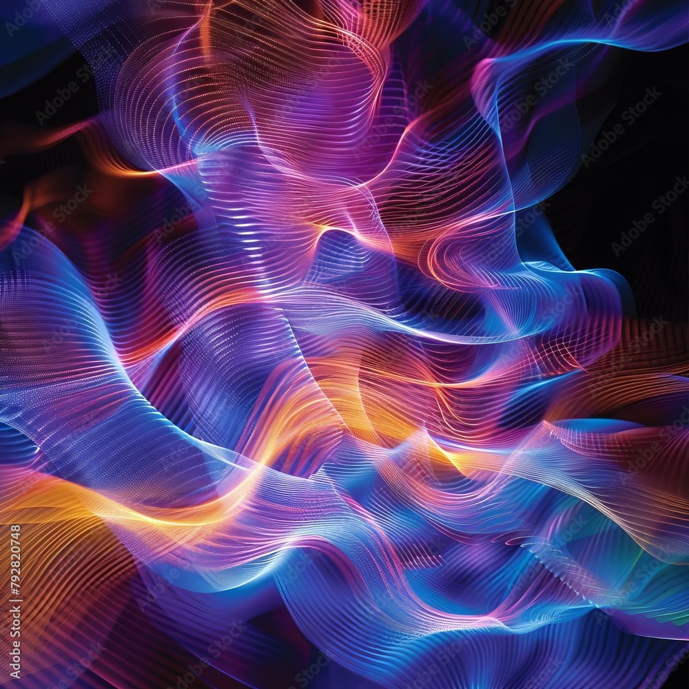 A digital artwork featuring an abstract representation of sound waves in neon colors, visually pulsating in sync with a deep bass soundtrack, merging visual art with motion and sound A digital artwork featuring an abstract representation of sound waves in neon colors, visually pulsating in sync with a deep bass soundtrack, merging visual art with motion and sound