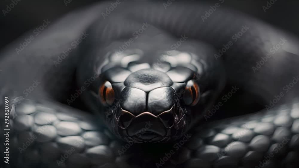 Close up of black snake eyes in the dark. Ai Footage.