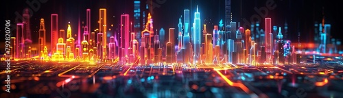 A creative conceptual art piece representing the stock market as a neon-lit cityscape, where each building s height and color correspond to different stock performances photo
