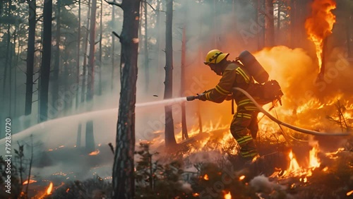 Experienced firefighter extinguishing a wildland fire by spraying water on a forest. Fireman battling forest fire concept. Ai Footage. photo