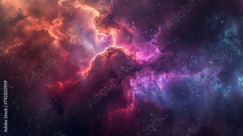 A stunning close-up of a distant nebula, with colorful clouds of gas and dust  by the light of newborn stars. © Sardar