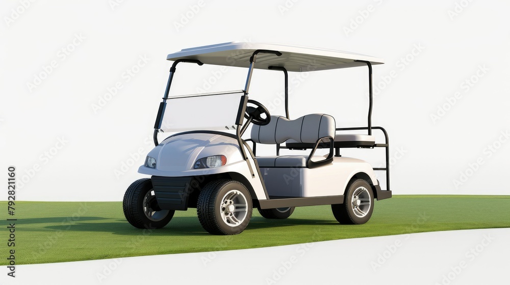 Envision a scene where a golf cart is isolated on a white background, symbolizing seamless navigation on the fairways