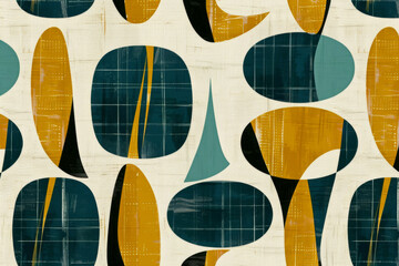 Fotobehang Interieurtrends Retro barkcloth teal mosterd mid-century organisch  © sergign