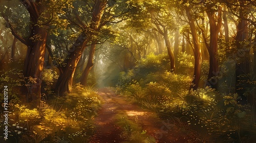 A sunlit forest path winding through a canopy of trees, where the dappled light creates a magical ambiance in the woods.