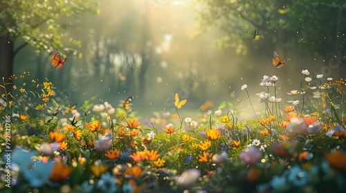 A sunlit meadow alive with the colors of spring  where blossoms bloom and butterflies dance in the gentle breeze.