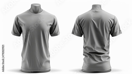Gray blank T-shirt template, for your design mockup for printing, isolated on white background, two-sided, natural shape on invisible mannequin.