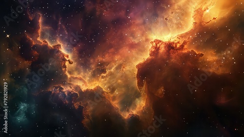 A surreal panorama of a nebula, with glowing clouds of gas and dust by the light of nearby stars.