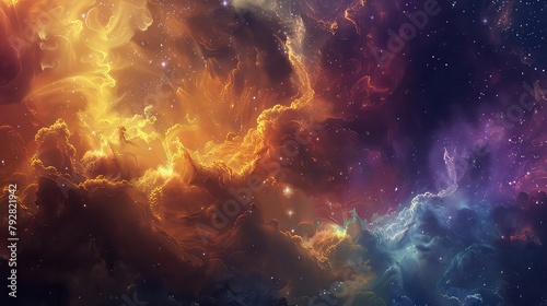 A surreal panorama of a nebula, with glowing clouds of gas and dust by the light of nearby stars.