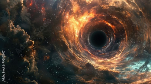 A surreal view of a black hole surrounded by swirling clouds of gas and dust, bending and distorting light in a mesmerizing cosmic ballet.