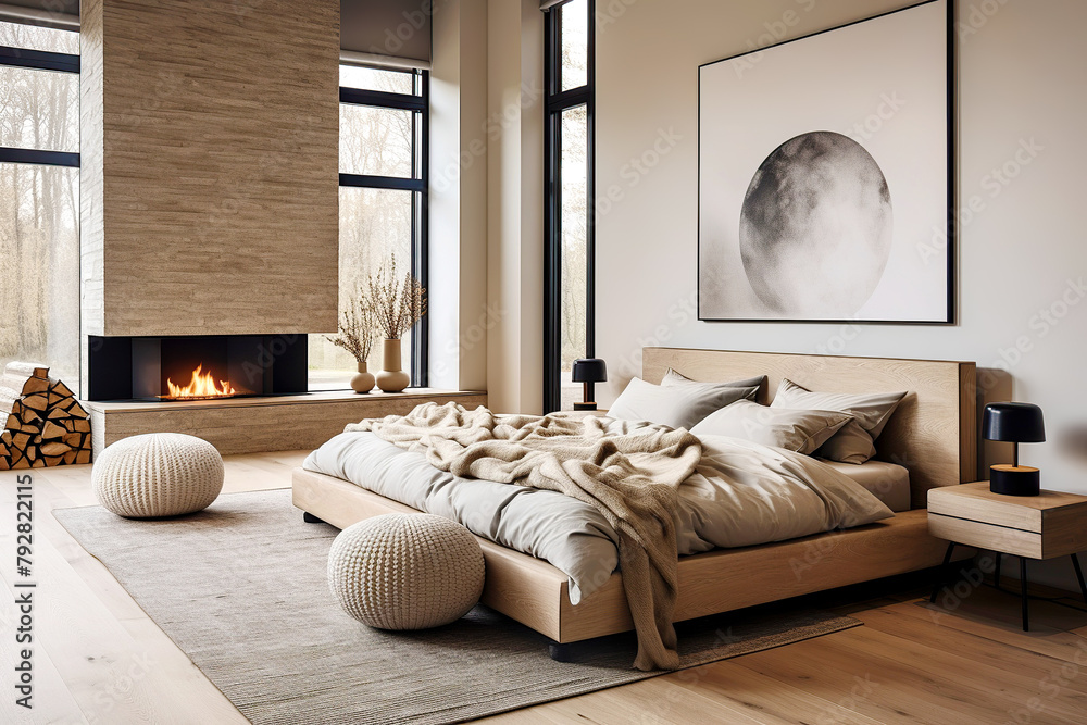 Fototapeta premium Minimalist interior design of modern bedroom with fireplace.