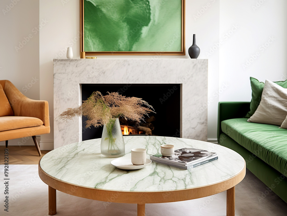 Fototapeta premium Marble round coffee table between green sofa and terra cotta armchair near fireplace. Art deco, classic interior design of modern living room, home.