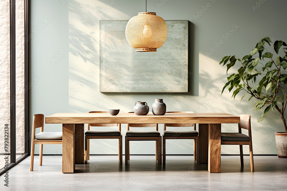 Wooden rustic dining table and chairs against green wall. Scandinavian ...