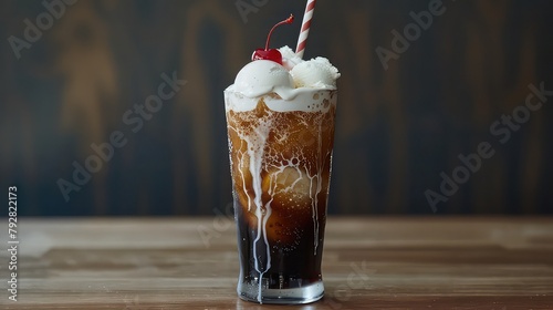 A tall glass of frothy root beer float, with creamy vanilla ice cream floating in bubbly root beer soda, served with a straw and a cherry on top for a nostalgic treat.