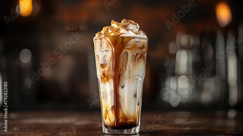 A tall glass of iced coffee, served with a swirl of creamy milk and a drizzle of caramel syrup, providing a refreshing pick-me-up with a hint of sweetness.