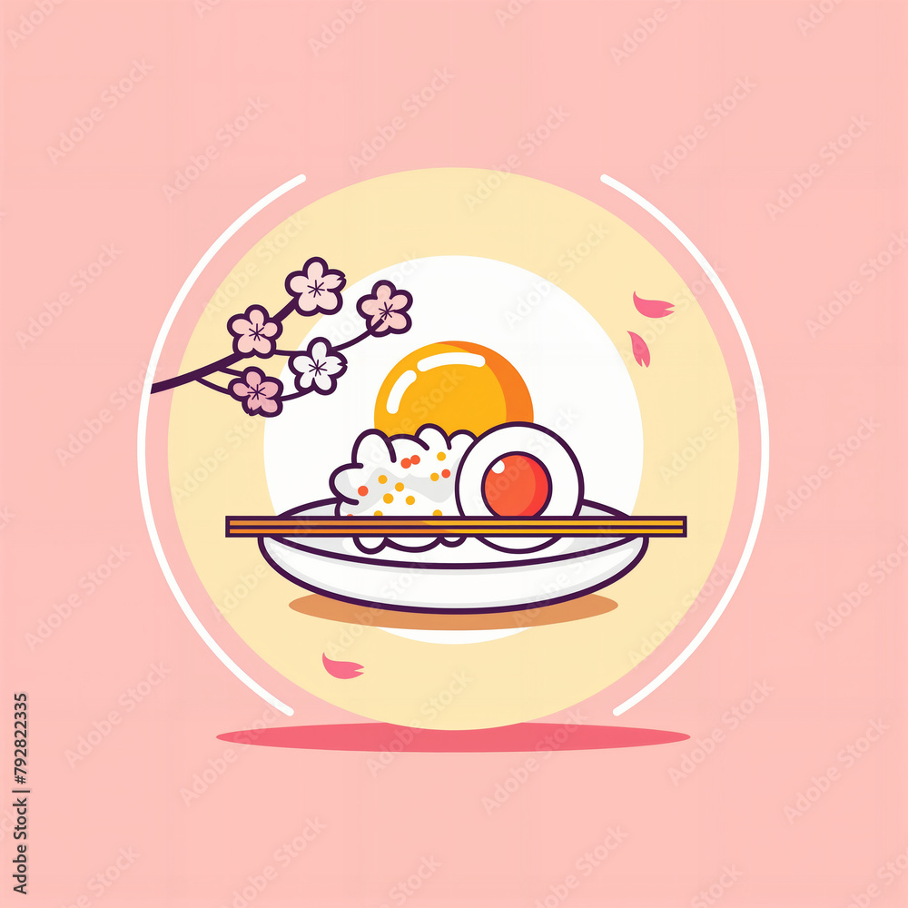 a plate with a bowl of rice and an egg on it with a cherry blossom on the side of it a plate with a bowl of rice and an egg on it with a cherry blossom on the side of it