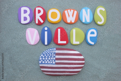 Brownsville, residential neighborhood in eastern Brooklyn in New York City, souvenir composed with hand painted multi colored stone letters and USA stone flag