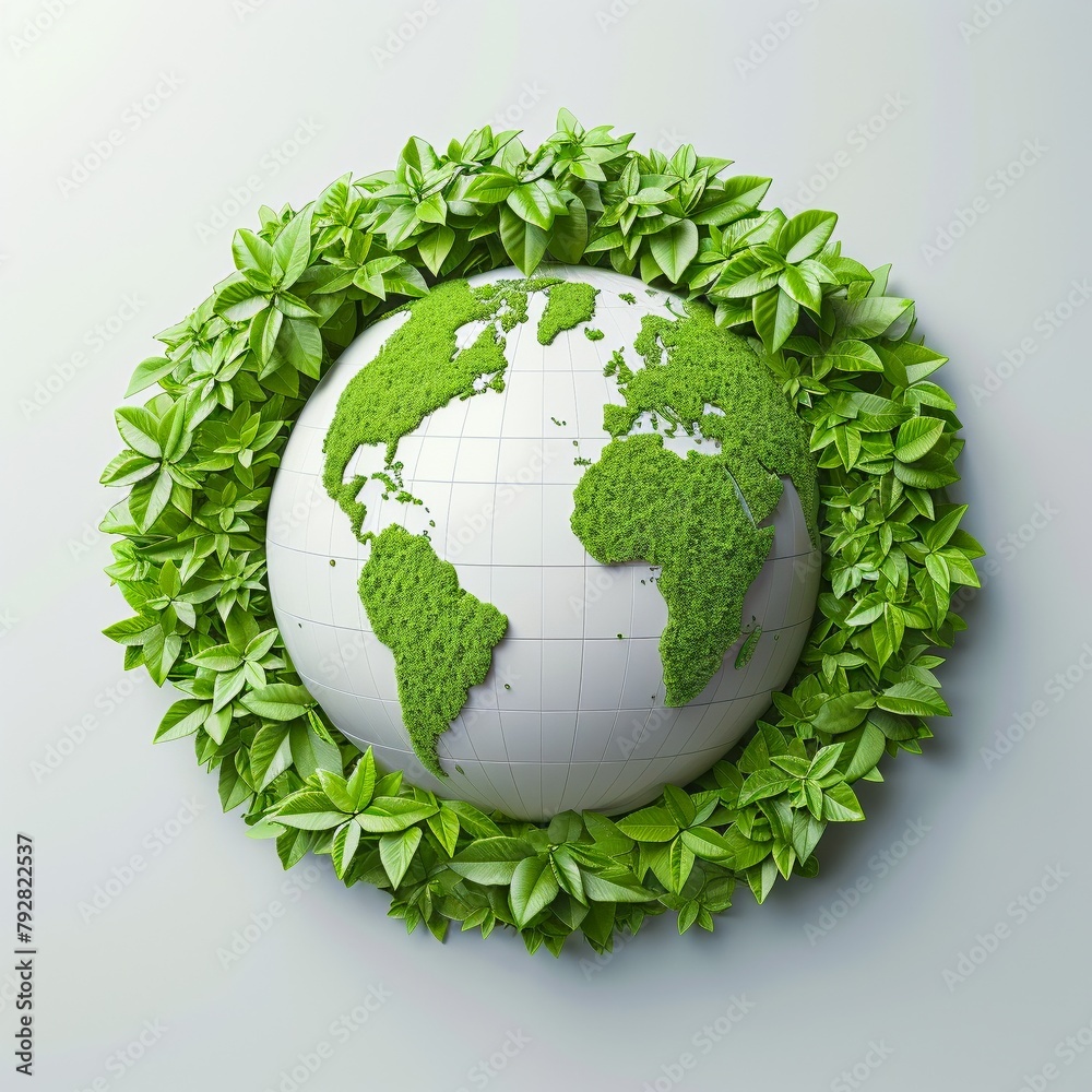 3D rendering of the planet Earth with green continents and a wreath of leaves around it. 3D rendering of the planet Earth with green continents and a wreath of leaves around it.