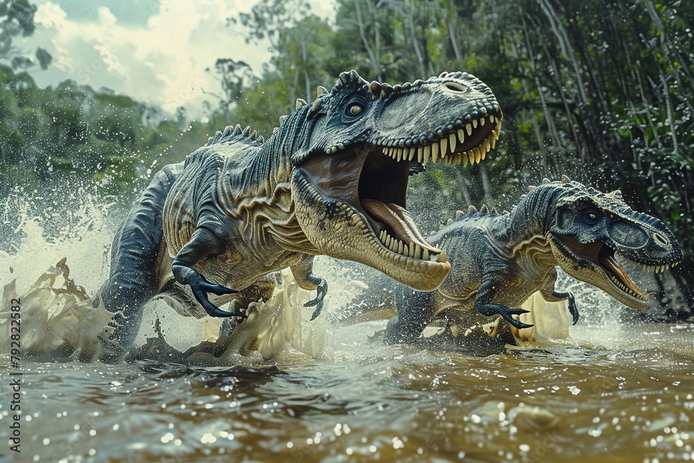 Running Dinosaurs jumping over the camera in a river with splashes. T Rex in action speed scene