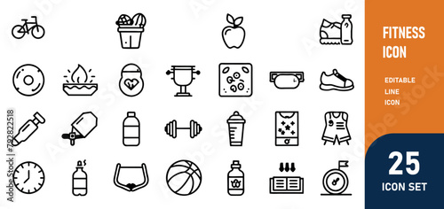 Fitness Line Editable Icons set. Vector illustration in modern thin line style of sport related icons types of physical activity, proper nutrition, and sports equipment