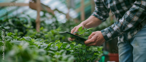 a farmer checking plant using smartphone tablet in greenhouse