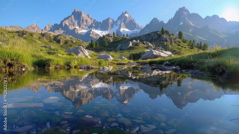 Reflections of towering mountains mirrored in the still waters of a crystal-clear alpine lake.