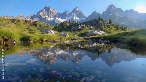 Reflections of towering mountains mirrored in the still waters of a crystal-clear alpine lake.
