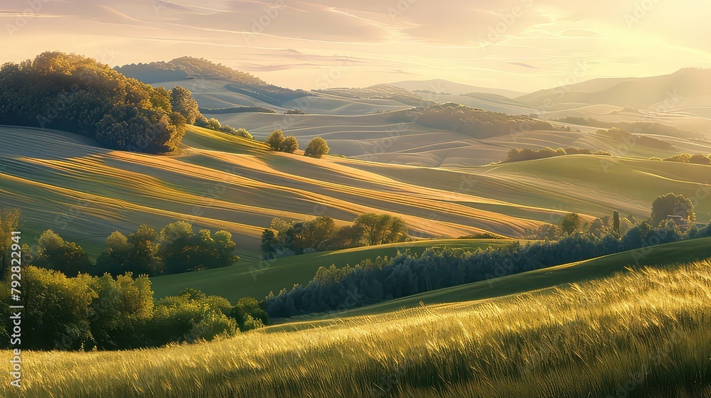 Rolling hills bathed in the soft glow of evening, where the last rays of sunlight illuminate the landscape, casting long shadows across the fields.