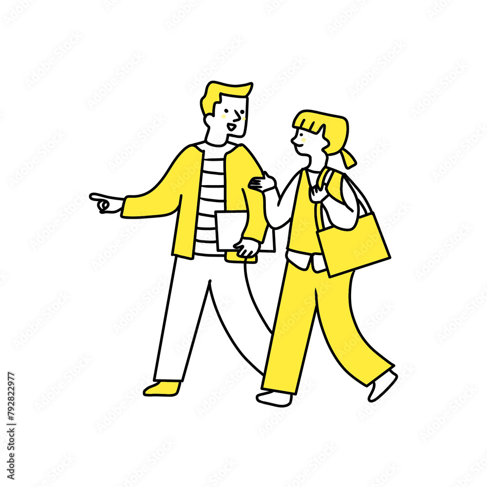 illustration of a woman and man walking while having a pleasant conversation illustration of a woman and man walking while having a pleasant conversation
