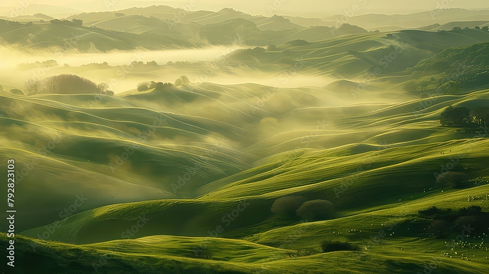 Rolling hills bathed in the soft light of dawn, where mist rises from the valleys to create an enchanting and ethereal atmosphere.