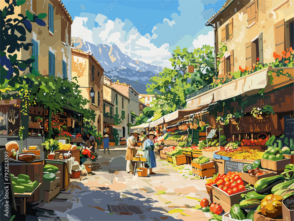 Obraz premium Vibrant Marketplace: An Animated Bustle of Fresh Delights Amidst Colorful Charm