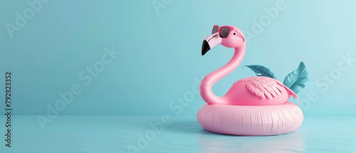 An image of a flamingo floating with sunglasses on a pastel blue background. A summer minimal concept. 3D rendering.