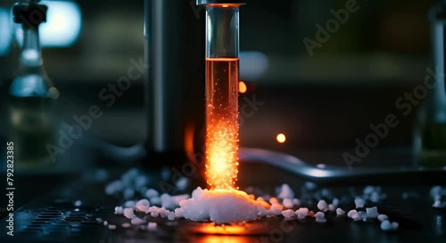 salt inside test tube, science experiment, underneath of test tube in flame, flame from bunsen burner, macro photography photo