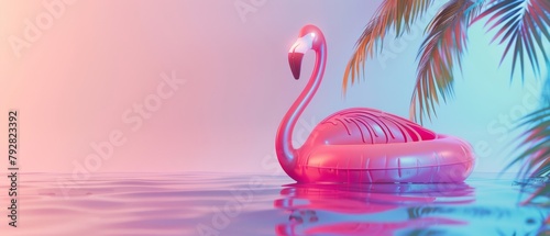 This is a 3D rendering of a flamingo floating as the sun rises over a pastel background. The concept is summer minimalism.