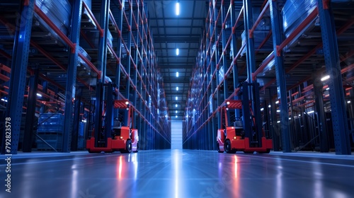 A pair of gleaming red forklifts performing deft maneuvers down stark navy-blue aisles, showcasing efficiency and color dynamics in warehouse operations photo