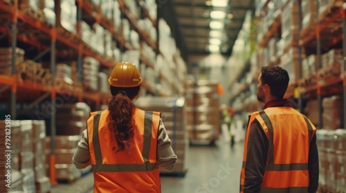 In the heart of a warehouse bathed in earth tones, workers wearing reflective vests methodically scan merchandise, capturing the essence of modern logistics operations, close-up