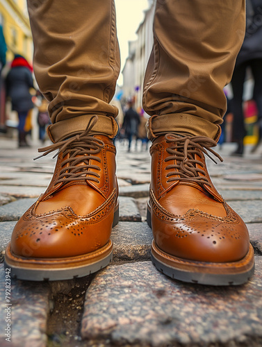 Männliche Beine mit edlen Schuhen beim Laufen in der Stadt als Nahaufnahme, ai generativ