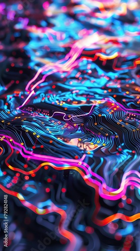Abstract digital art piece featuring a closeup of circuitry overlaid with vibrant, flowing data streams, illustrating the dynamic flow of information