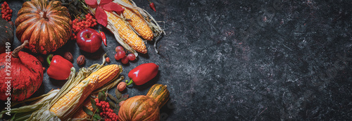 Autumn agricultural still life with fruits and vegetables. Harvest festival holiday concept. Flat lay, top view. Horizontal banner with copy space for text photo