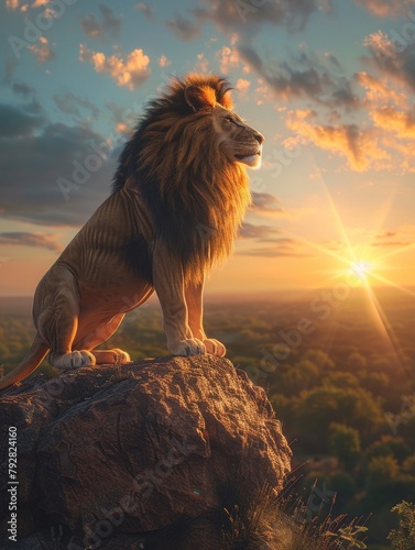 A lion sits on a rock and gazes at the sunset.