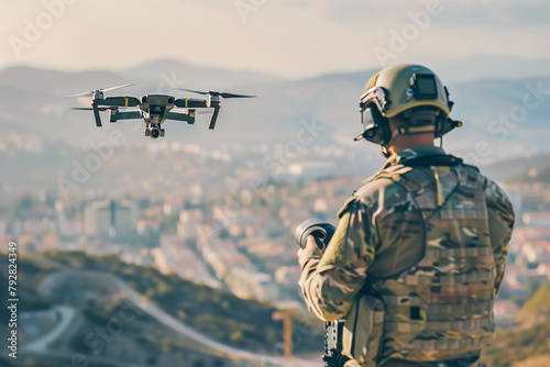 Soldier operating a drone with a controller overlooking a hilly cityscape. photo