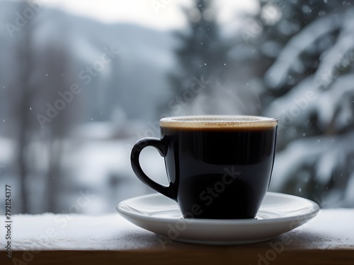 A cup of coffee at open window by winter.