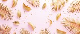 An illustration of gold tropical palm leaves on a pink and white background. Summer minimalism. 3D rendering of the concept.