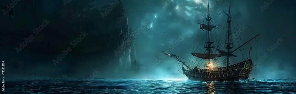 Fototapeta premium big pirate ship in dark night under a moonlight